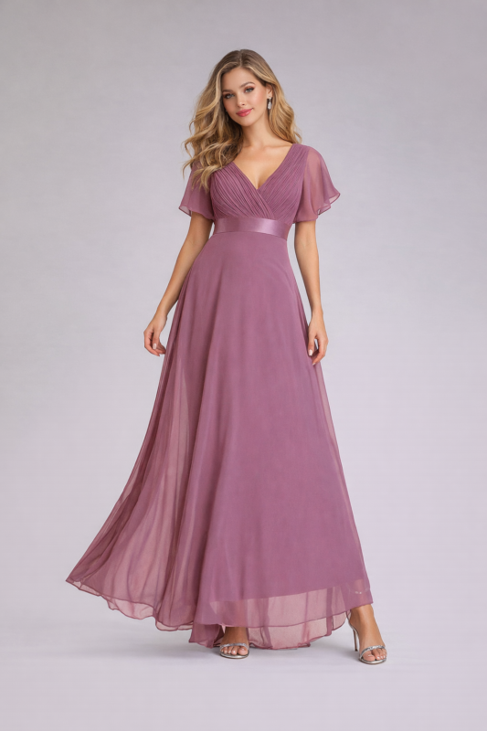Rose mauve chiffon bridesmaid dress with V-neckline and short sleeves